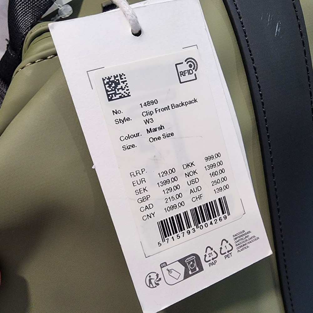 RAINS Clip Front Backpack W3 Marsh Green Waterproof Laptop Bag NWT - Picture 9 of 9